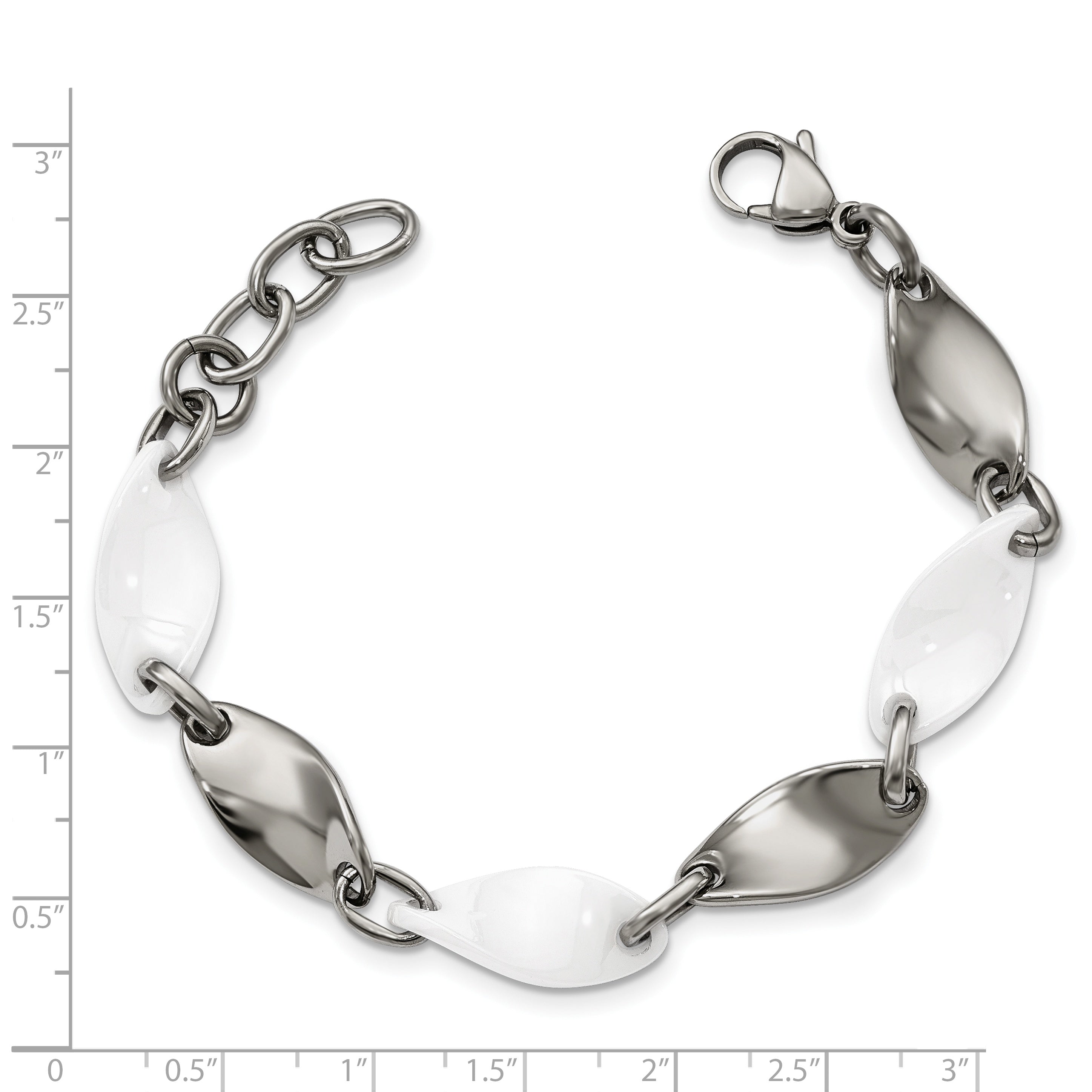 Chisel Stainless Steel Polished with White Ceramic 7.75 inch Twisted Link Bracelet