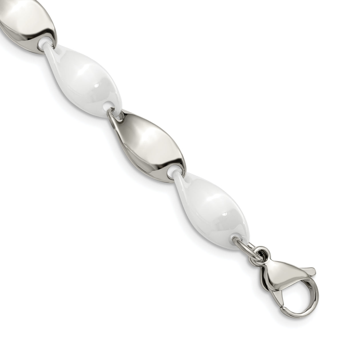 Chisel Stainless Steel Polished with White Ceramic 7.75 inch Twisted Link Bracelet