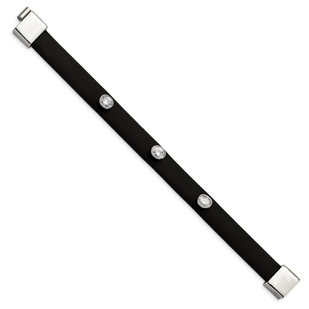 Black Silicone & CZ Bracelet in Stainless Steel
