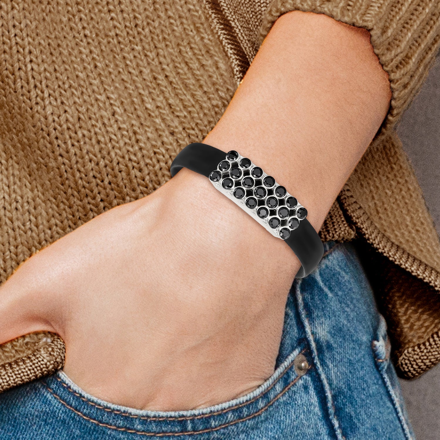Stainless Steel Polished Black Rubber w/Black CZ 8in Bracelet