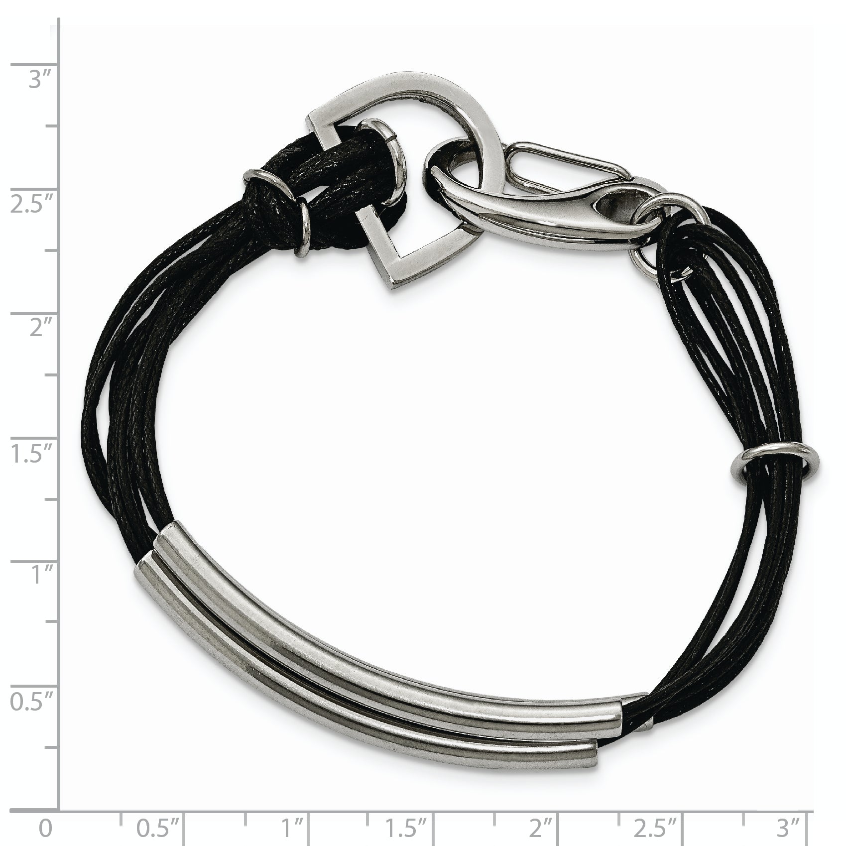 Stainless Steel Polished 3 Steel Tube w/ Black Wax Cord Bracelet
