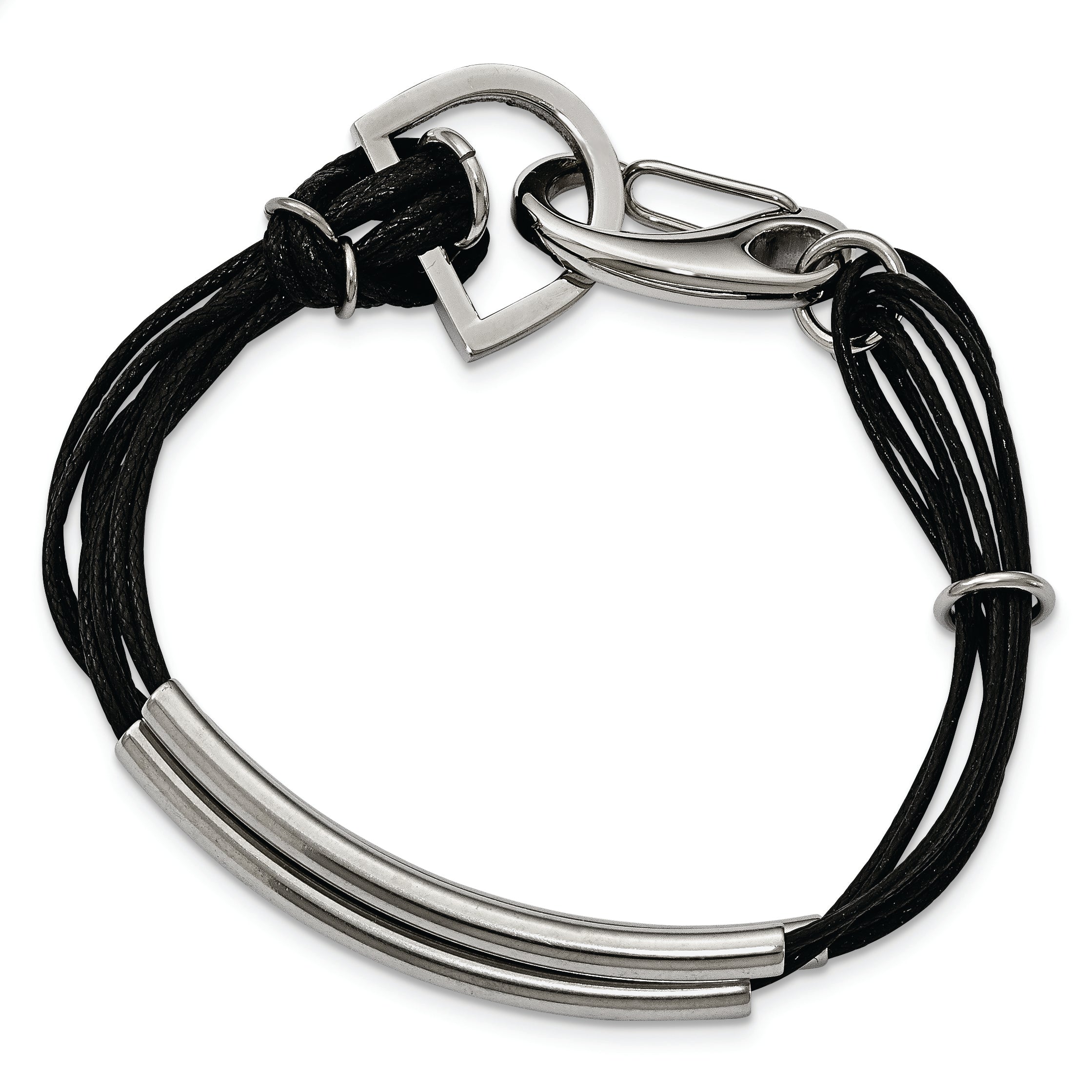 Stainless Steel Polished 3 Steel Tube w/ Black Wax Cord Bracelet Main image