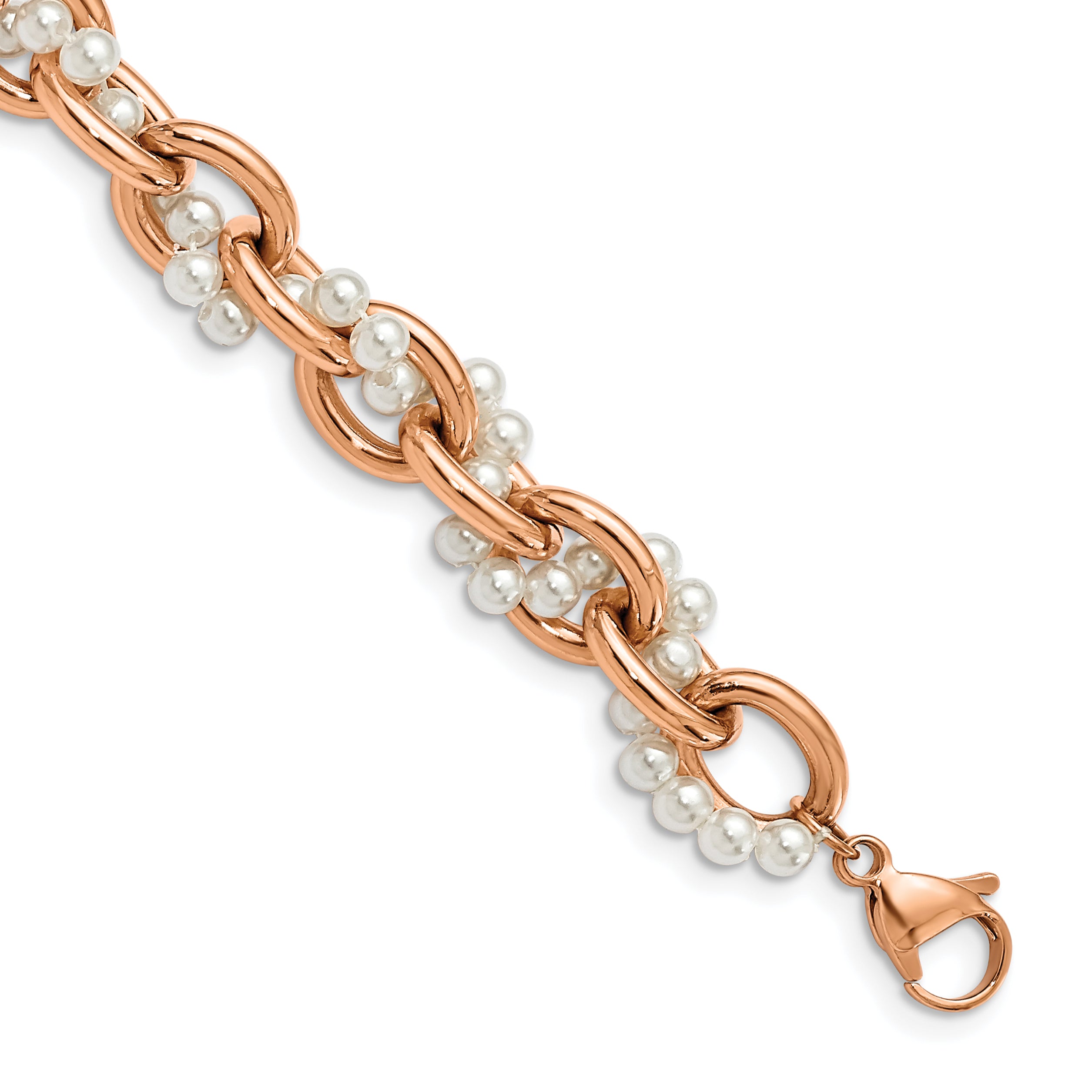 Stainless Steel Polished Rose IP-Plated & Faux Pearl w/1.5in ext. Bracelet Main image