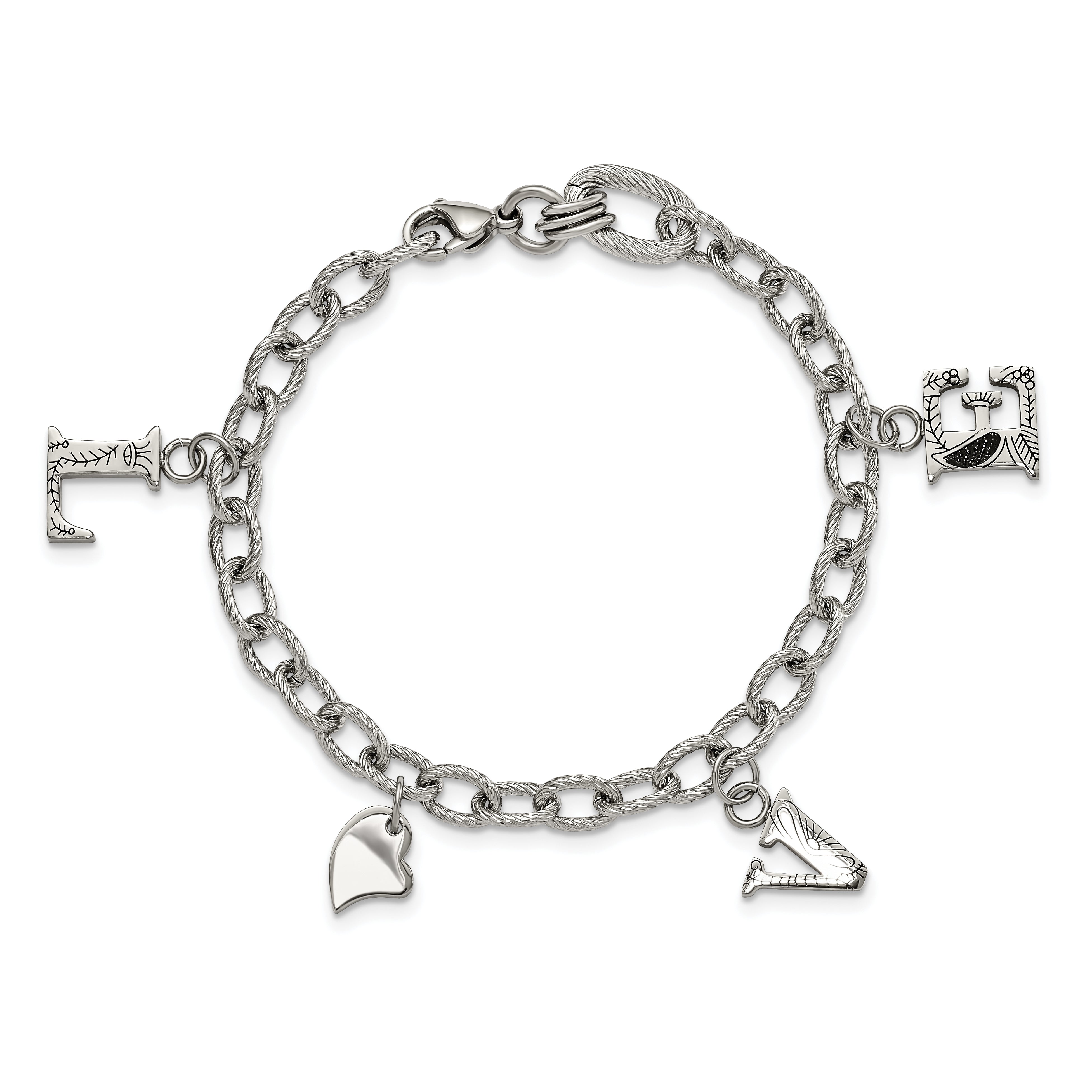 Stainless Steel Polished and Textured LOVE Charm 8.25in Bracelet
