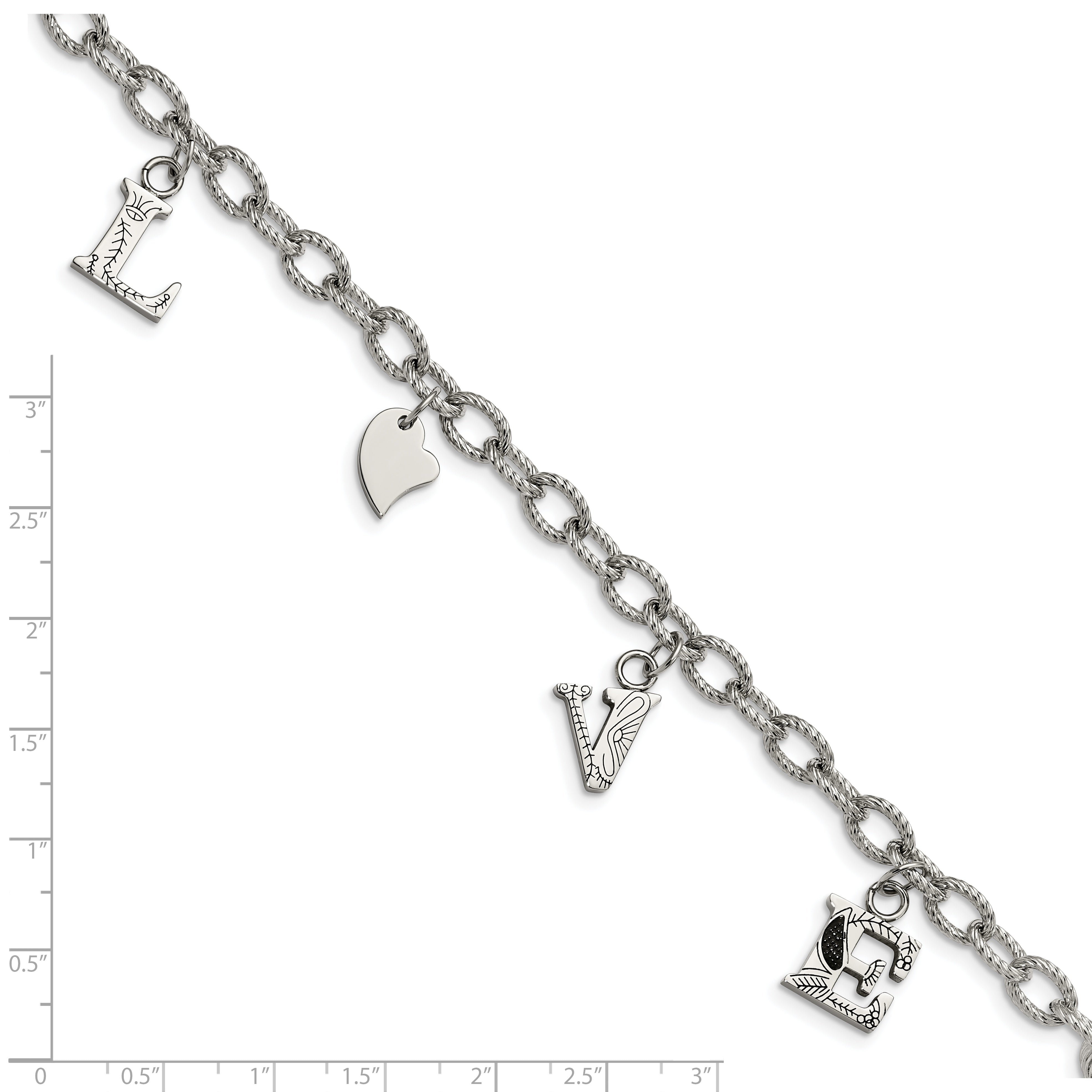 Stainless Steel Polished and Textured LOVE Charm 8.25in Bracelet