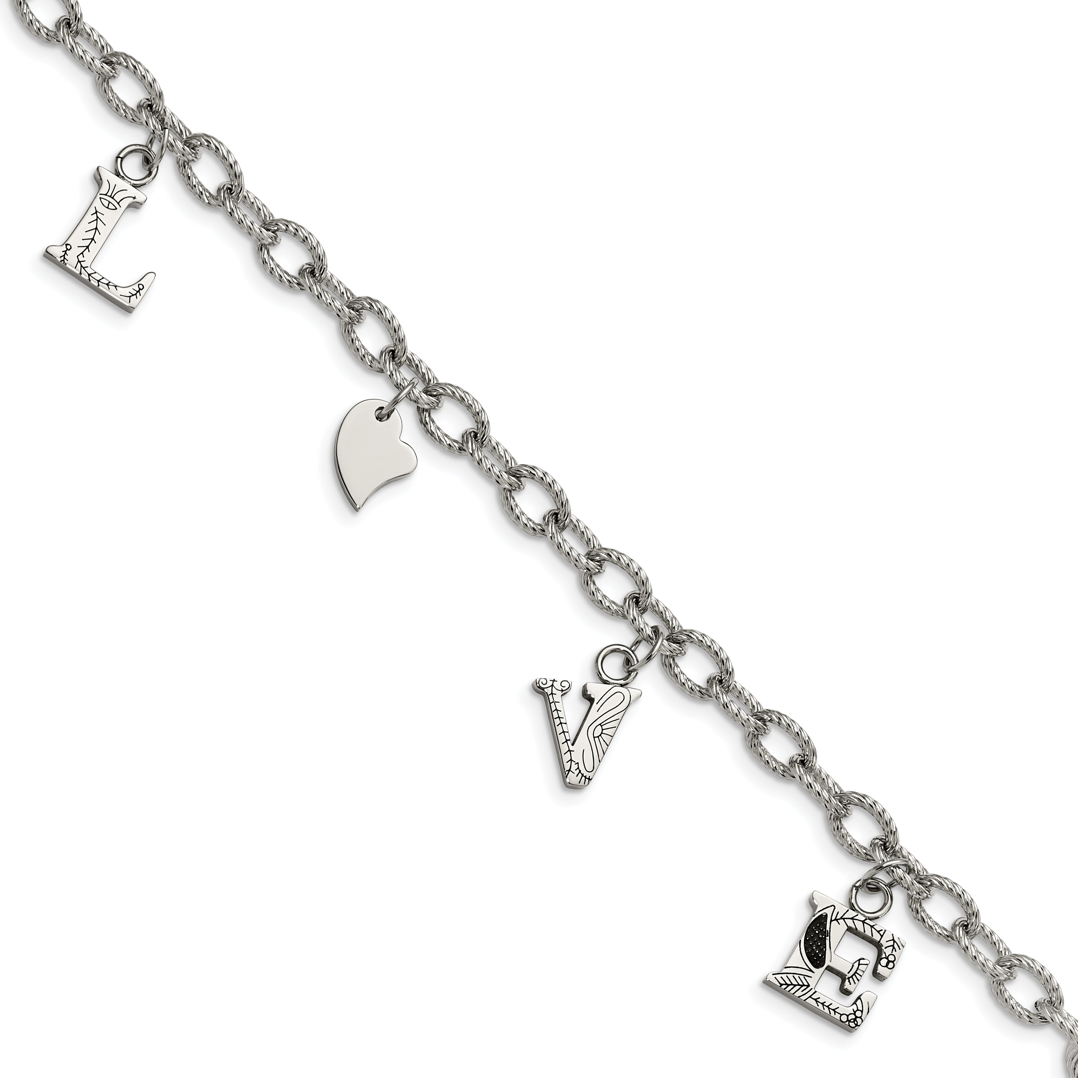 Stainless Steel Polished and Textured LOVE Charm 8.25in Bracelet Main image
