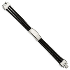 Stainless Steel Polished Black Leather 8in ID Bracelet