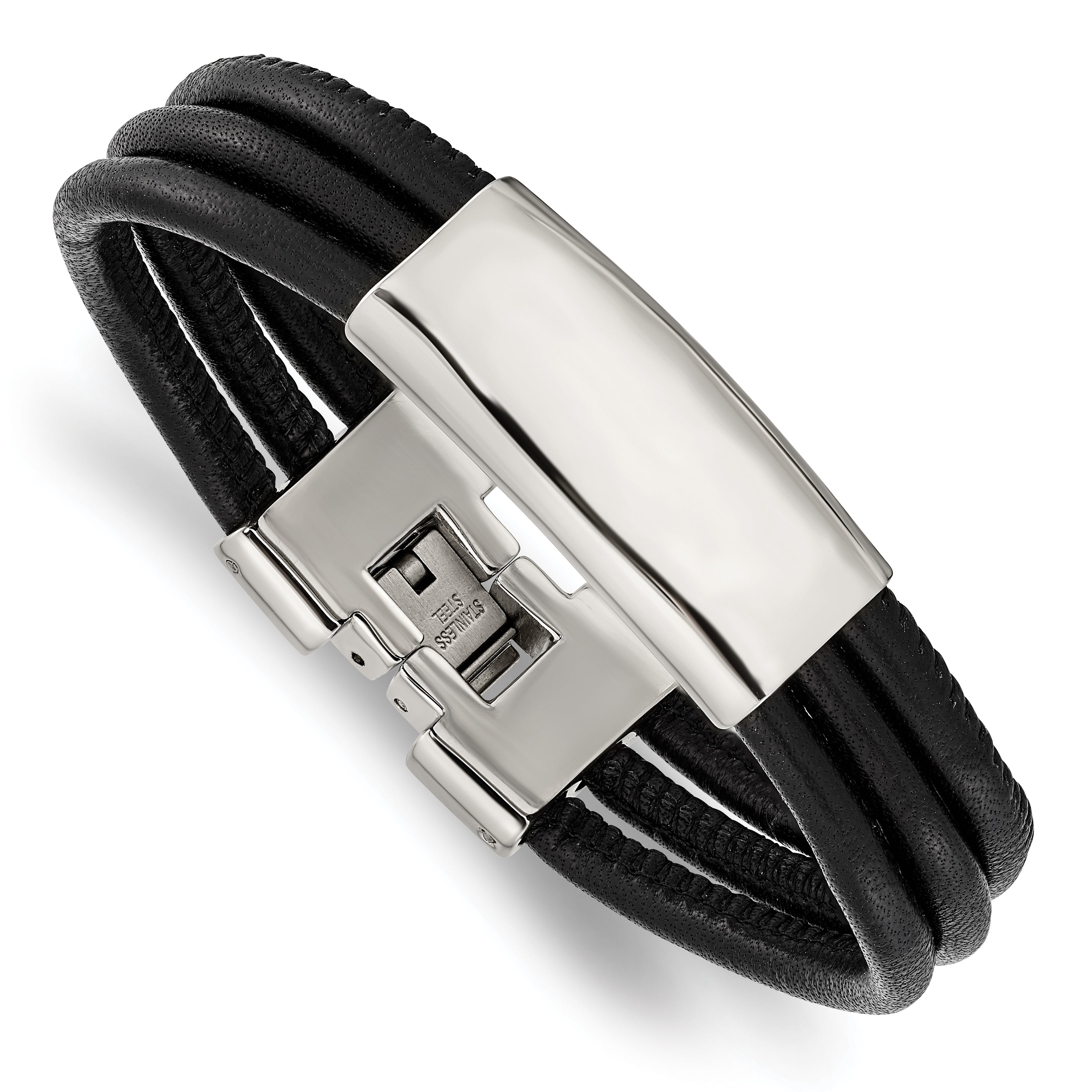 Stainless Steel Polished Black Leather 8in ID Bracelet