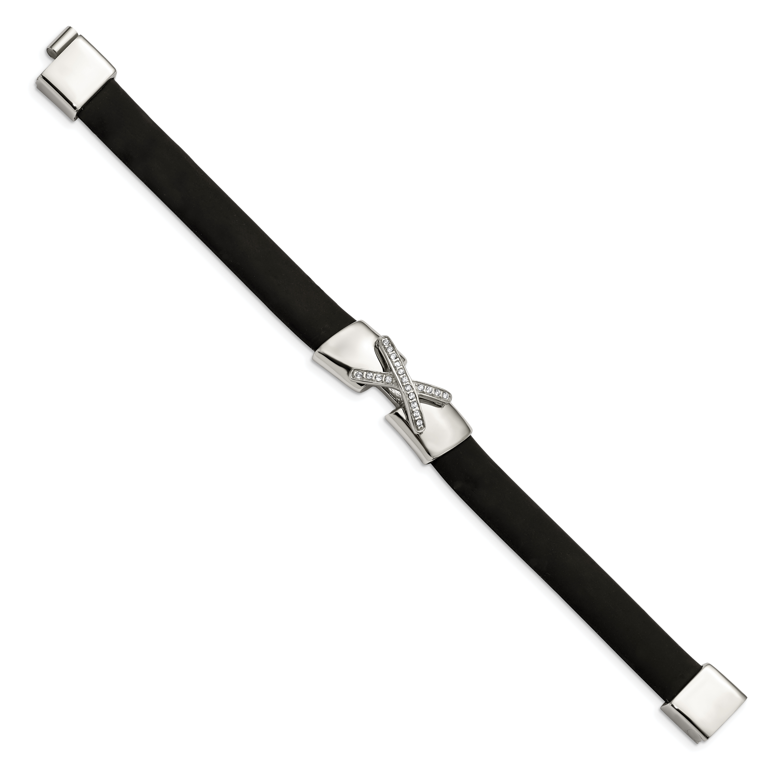 Black Silicone & CZ Bracelet in Stainless Steel