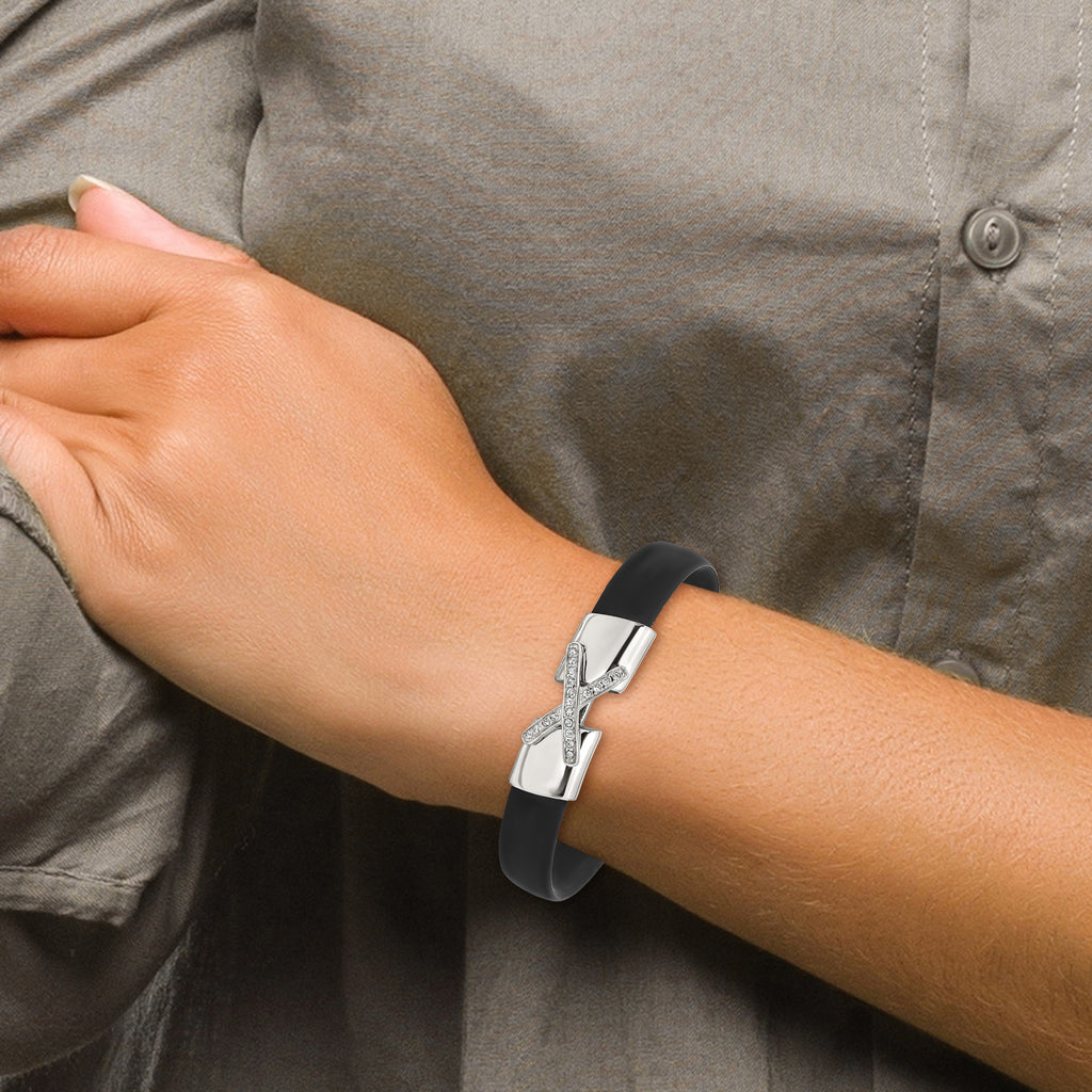 Black Silicone & CZ Bracelet in Stainless Steel