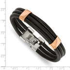 Chisel Stainless Steel Polished Rose IP-plated Multi Strand Black Leather 8 inch Bracelet