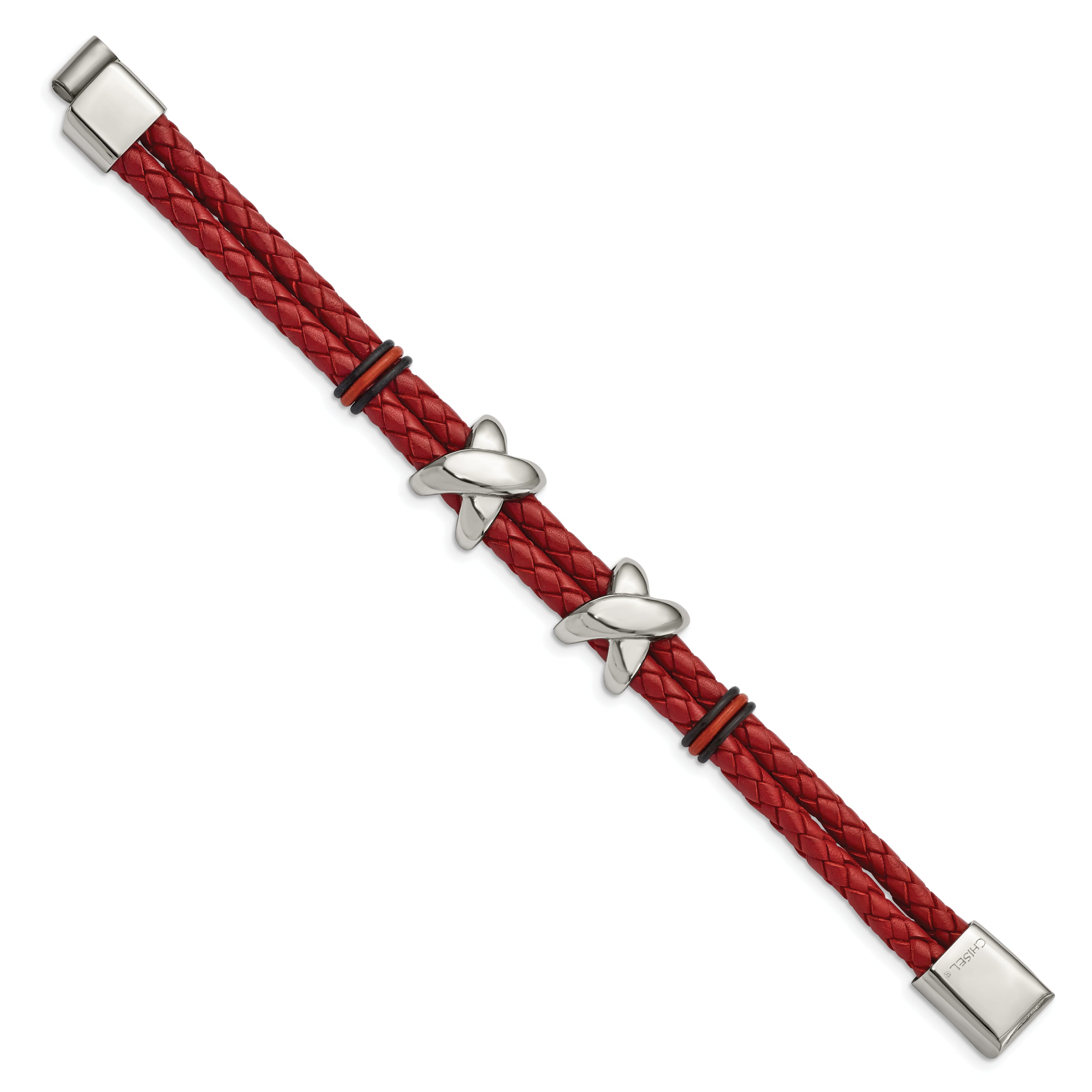 Chisel Stainless Steel Polished Red Leather and Black Rubber 8 inch Bracelet