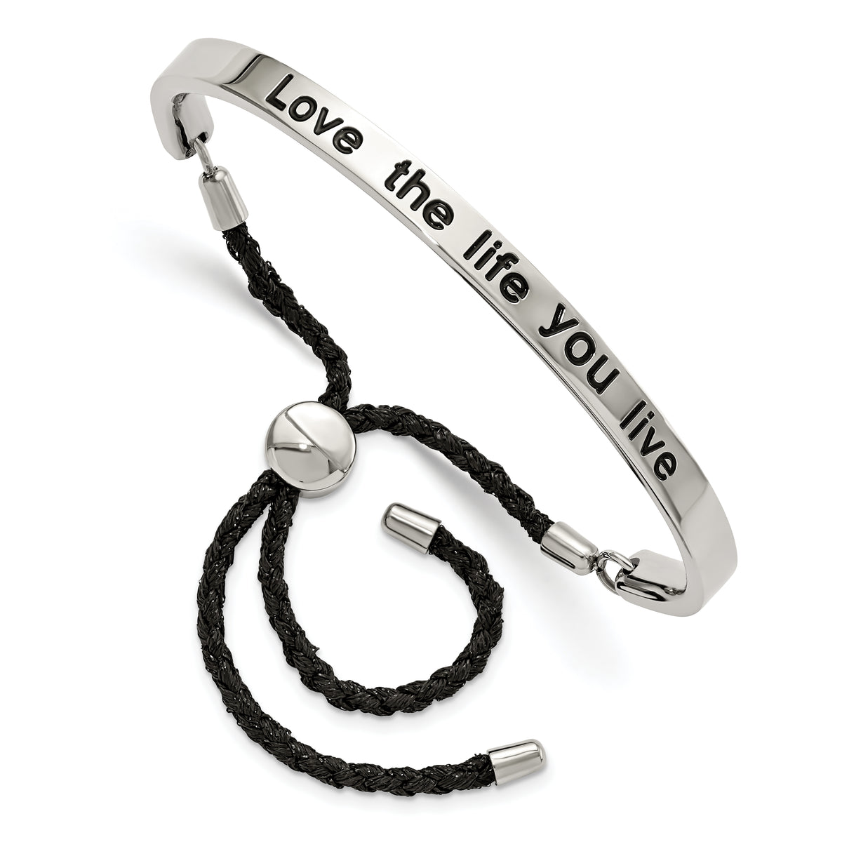 Stainless Steel Polished Black Enamel & Fabric LOVE LIFE Adjustable Bangle