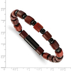 Chisel Stainless Steel Polished Black IP-plated Beads and Wood Beaded Stretch Bracelet