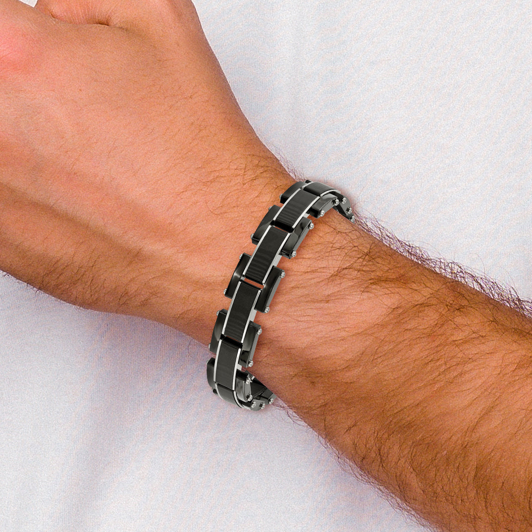 Chisel Stainless Steel Polished Black IP-plated with Solid Black Carbon Fiber 8.5 inch Link Bracelet