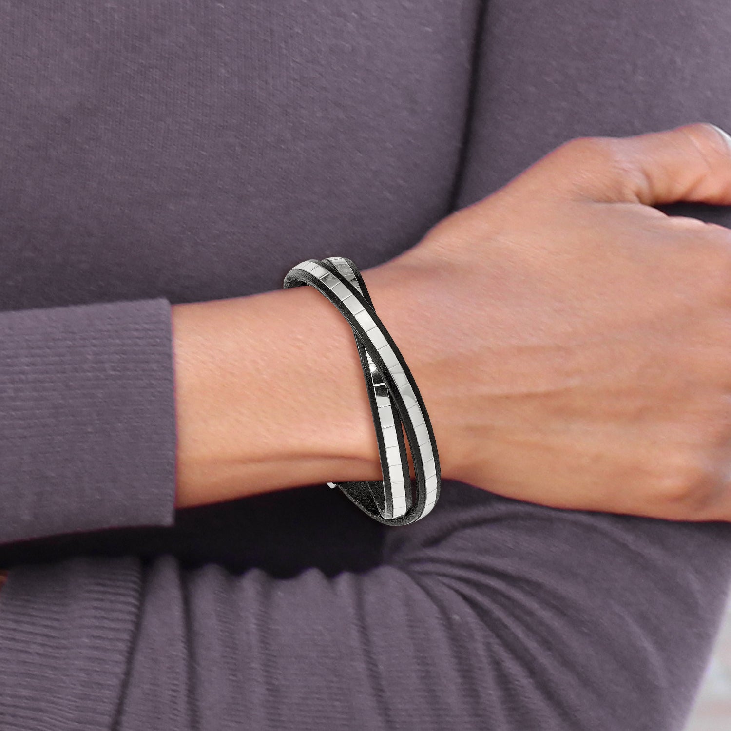 Italian Leather Wrap Bracelet in Stainless Steel