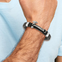 Chisel Stainless Steel Polished Hatchet Black Leather 8.5 inch Bracelet - 8.5