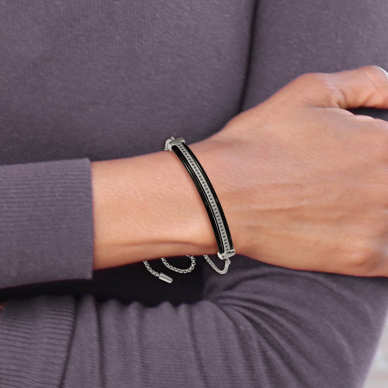 Stainless Steel Polished Black IP-plated w/Black CZ Adjustable Bracelet