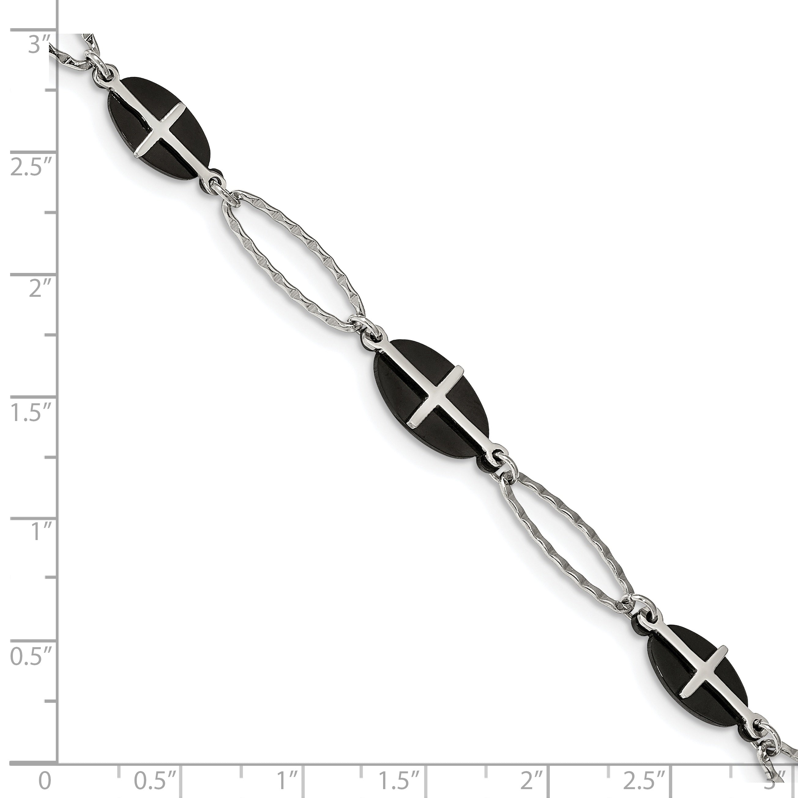 Stainless Steel Polished Black IP-plated 7in w/1in ext. Cross Bracelet