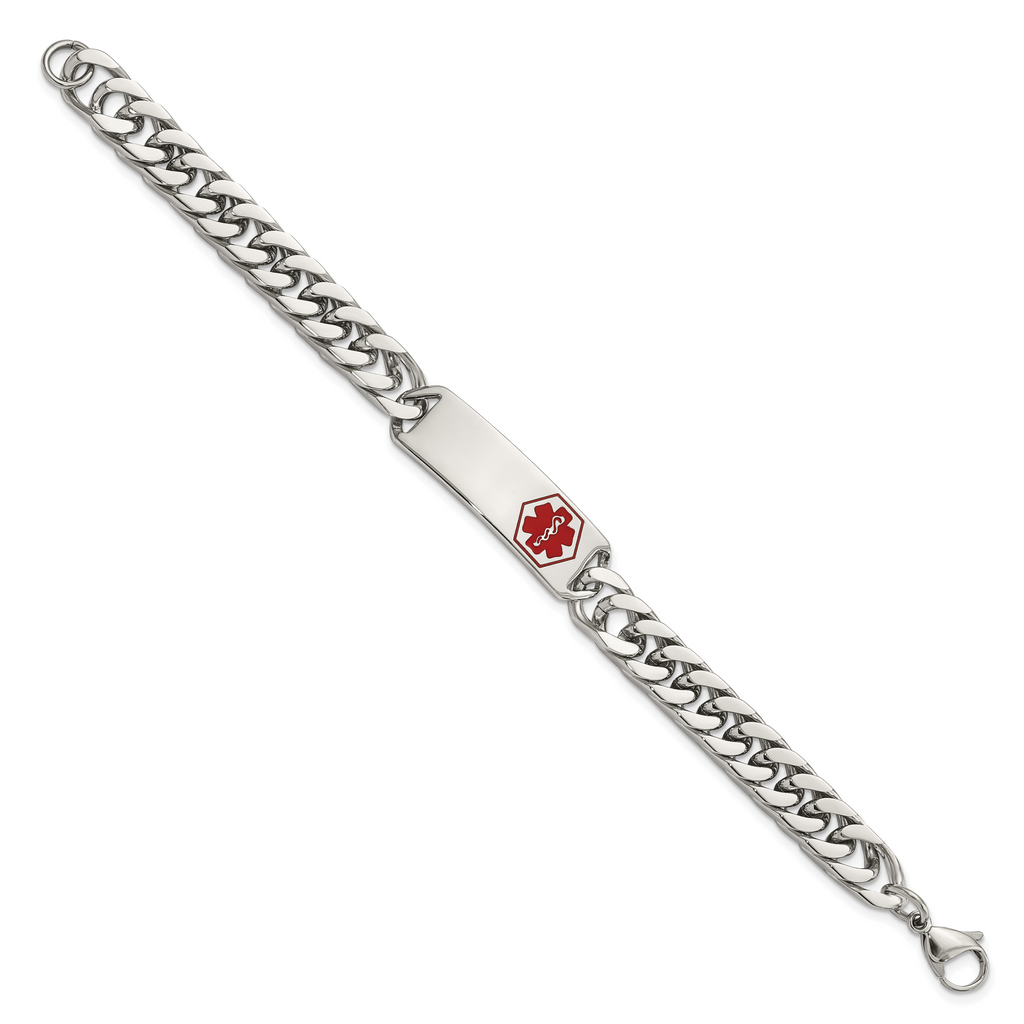 Polished Medical ID Bracelet in Stainless Steel with Red Enamel