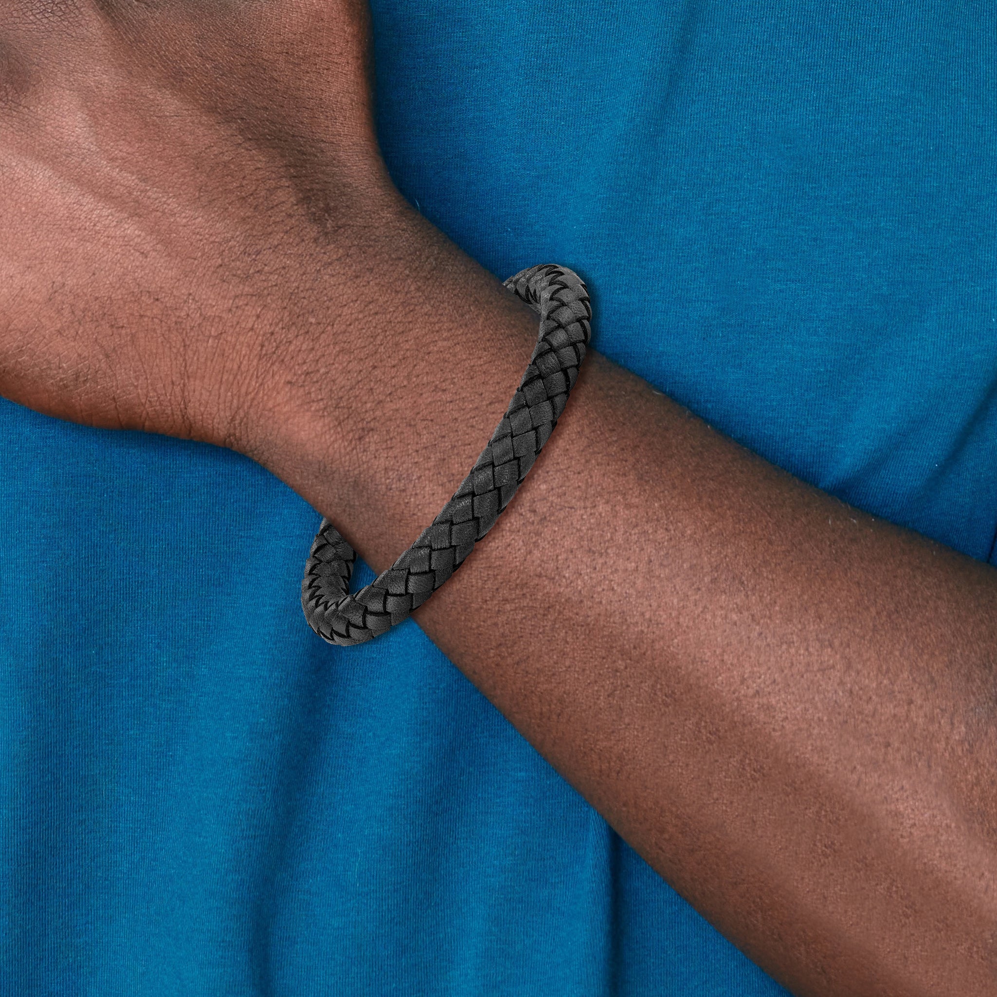 Chisel Stainless Steel Brushed Black Braided Leather 8.25 inch Bracelet - 8.25