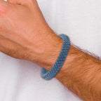 Brushed Leather Braided Bracelet in Stainless Steel & Light Blue