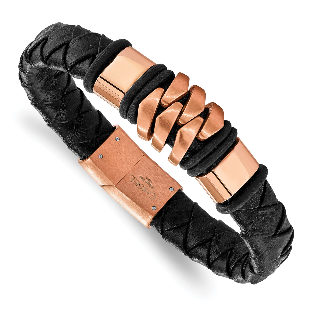 Chisel Stainless Steel Brushed and Polished Rose IP-plated Black Woven Leather 8 inch Bracelet