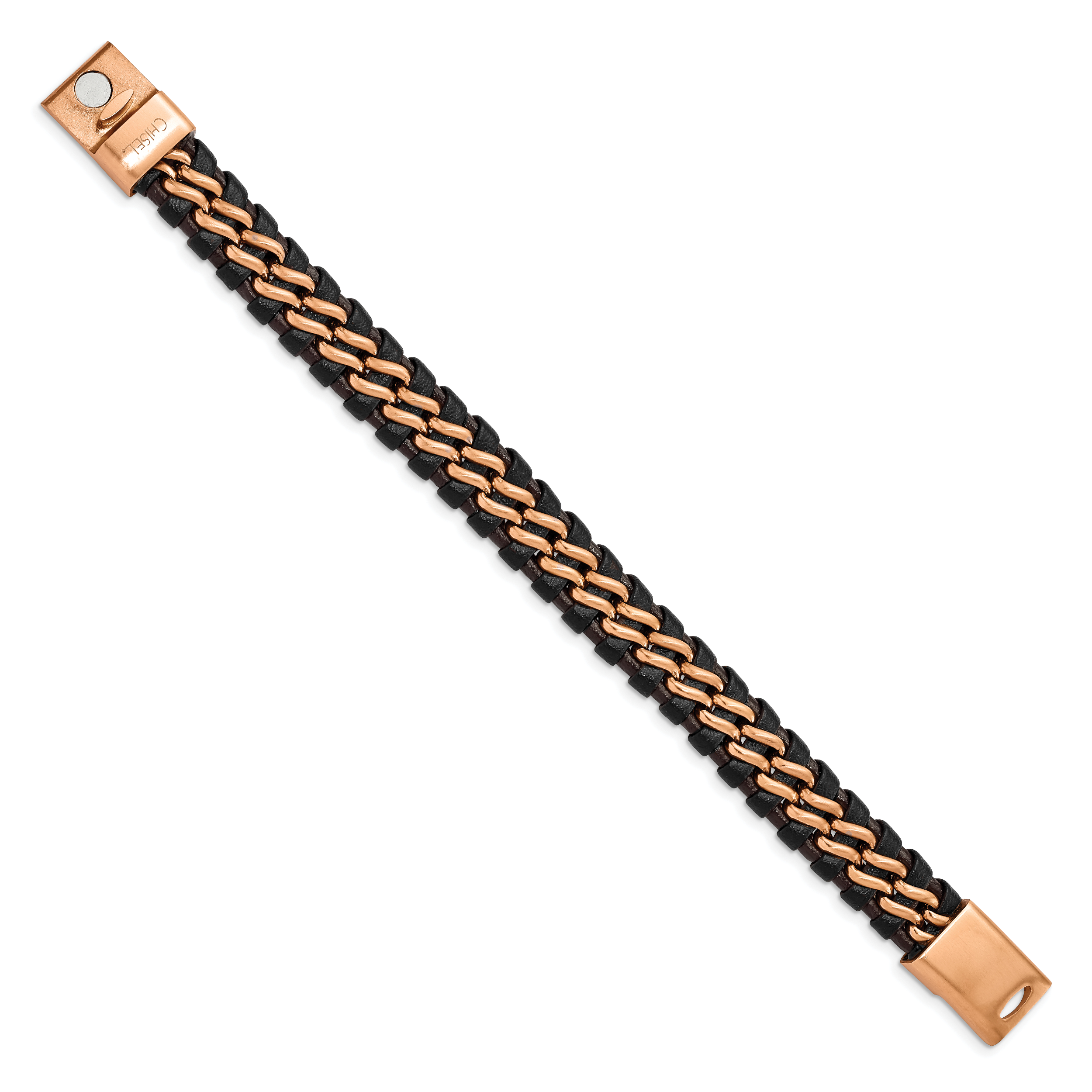 Chisel Stainless Steel Brushed Rose IP-plated Dark Brown Leather 8.5 inch Bracelet Secondary image