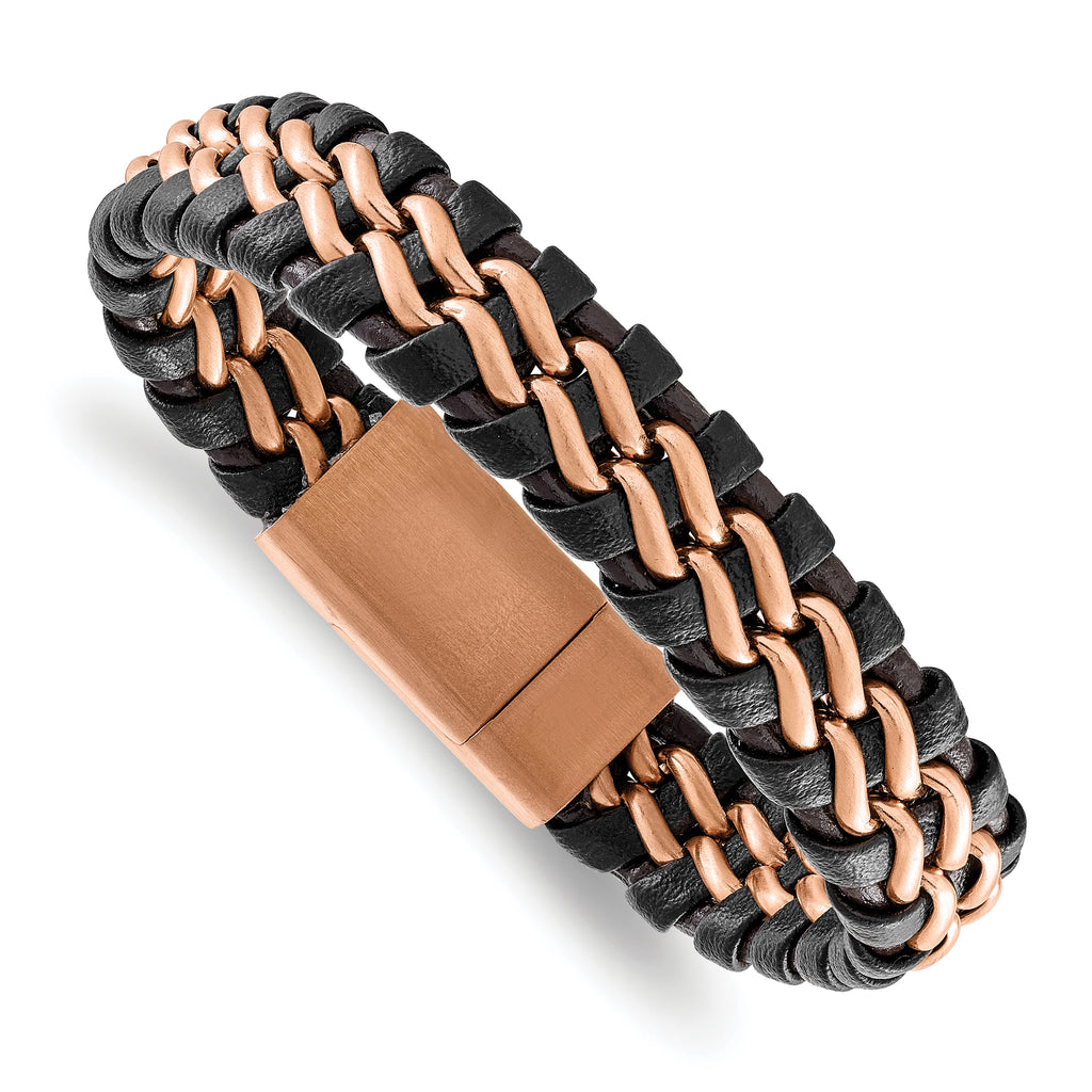 Chisel Stainless Steel Brushed Rose IP-plated Dark Brown Leather 8.5 inch Bracelet
