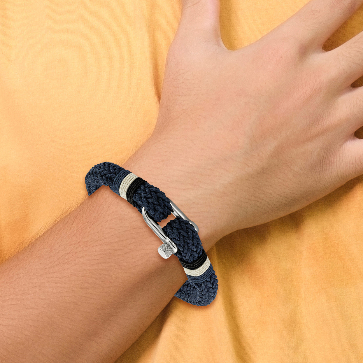 Chisel Stainless Steel Polished Woven Navy Blue Cotton 8.5 inch Bracelet - 8.5