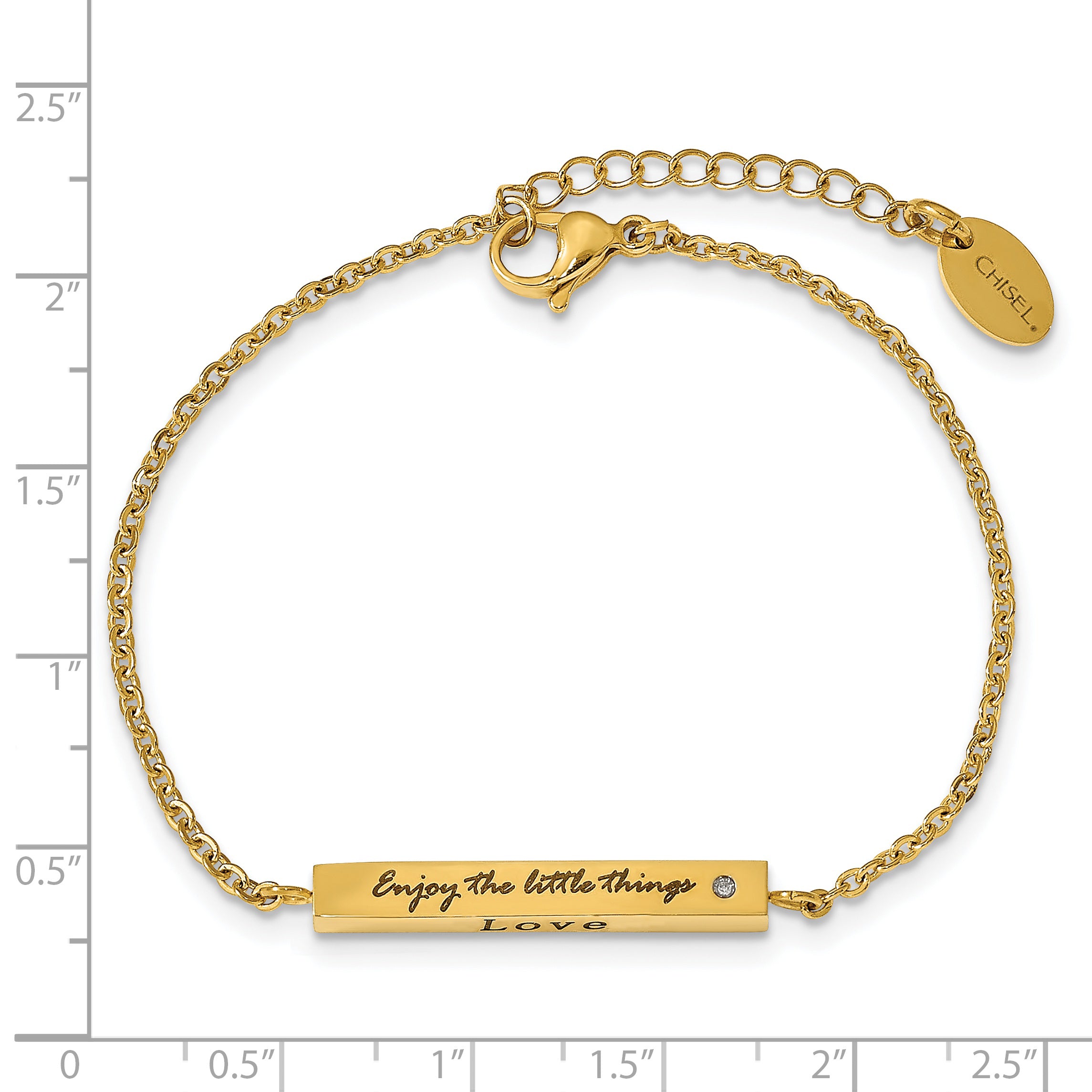 Chisel Stainless Steel Polished Yellow IP-plated with CZ LOVE DREAM LAUGH Enjoy the little things 7 inch Bracelet with 1.5 inch Extension