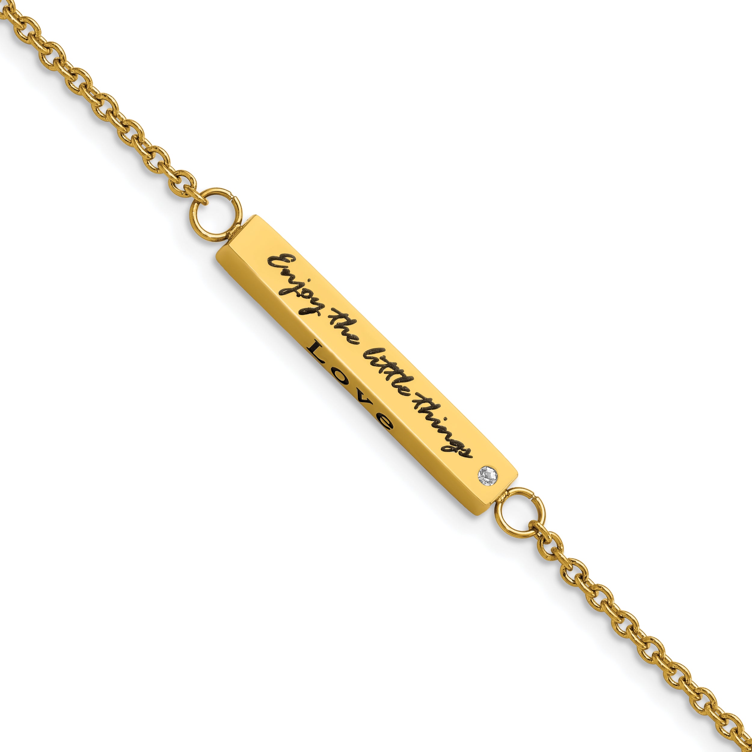 Chisel Stainless Steel Polished Yellow IP-plated with CZ LOVE DREAM LAUGH Enjoy the little things 7 inch Bracelet with 1.5 inch Extension