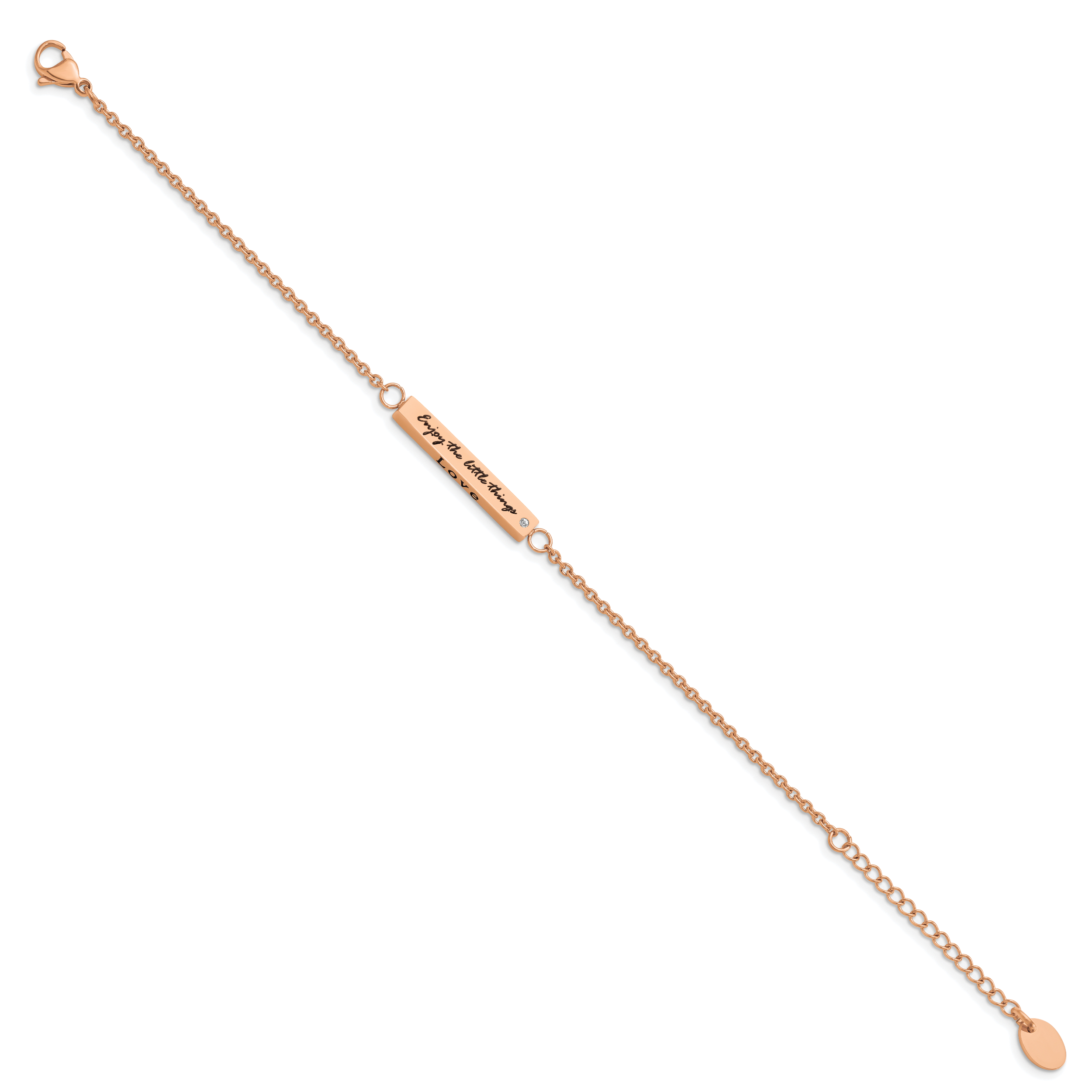 Chisel Stainless Steel Polished Rose IP-plated with CZ LOVE DREAM LAUGH Enjoy the little things 7 inch Bracelet with 1.5 inch Extension