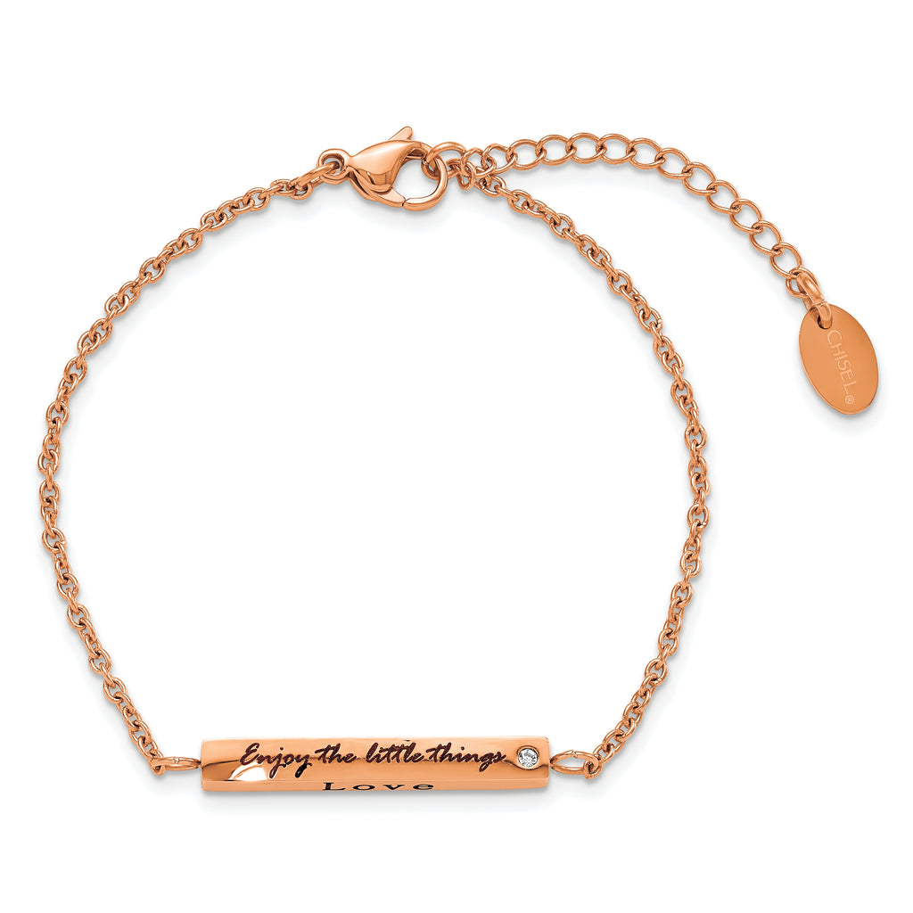 Chisel Stainless Steel Polished Rose IP-plated with CZ LOVE DREAM LAUGH Enjoy the little things 7 inch Bracelet with 1.5 inch Extension