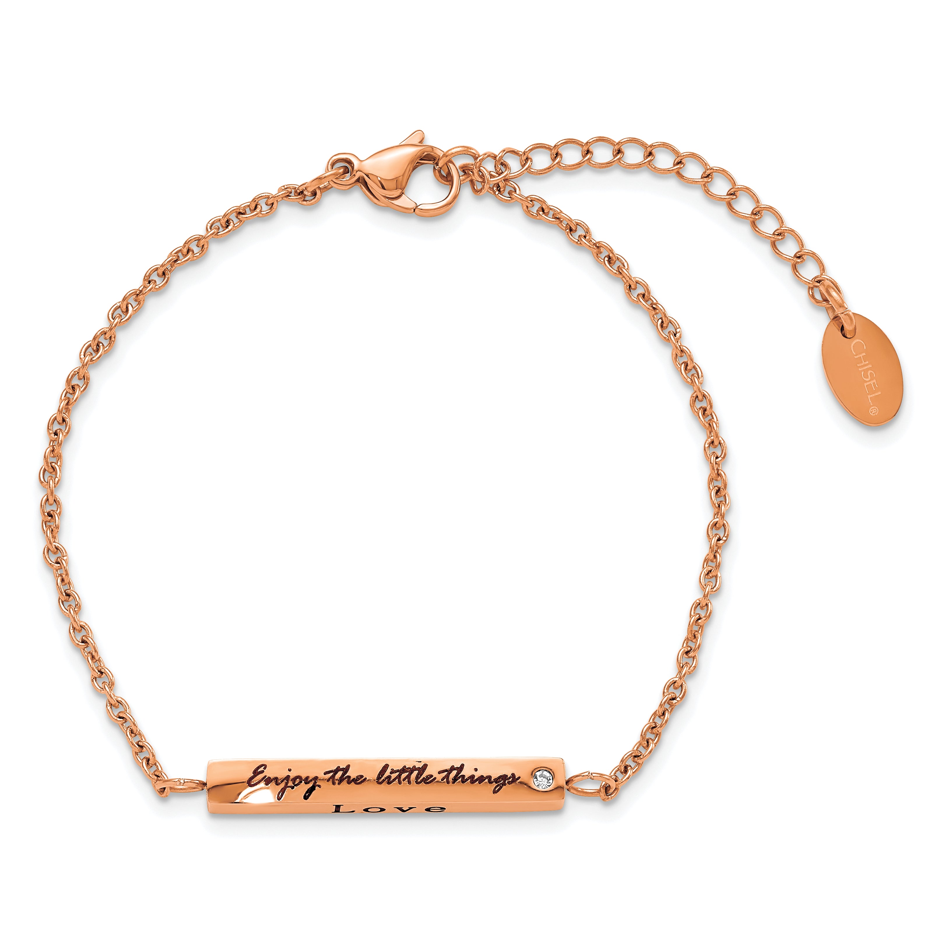 Chisel Stainless Steel Polished Rose IP-plated with CZ LOVE DREAM LAUGH Enjoy the little things 7 inch Bracelet with 1.5 inch Extension
