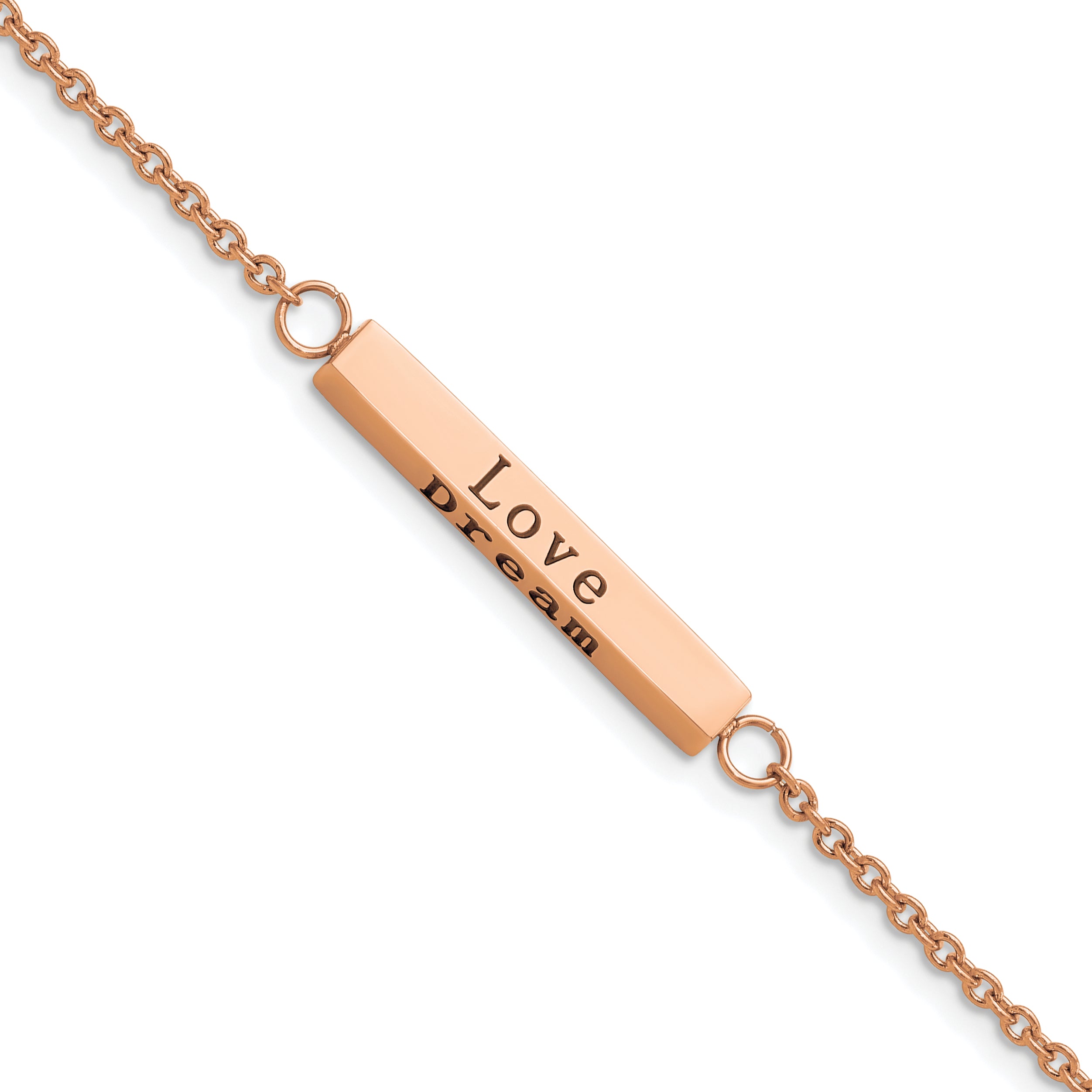 Chisel Stainless Steel Polished Rose IP-plated with CZ LOVE DREAM LAUGH Enjoy the little things 7 inch Bracelet with 1.5 inch Extension