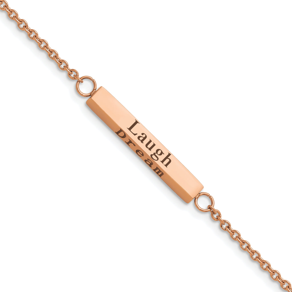 Chisel Stainless Steel Polished Rose IP-plated with CZ LOVE DREAM LAUGH Enjoy the little things 7 inch Bracelet with 1.5 inch Extension