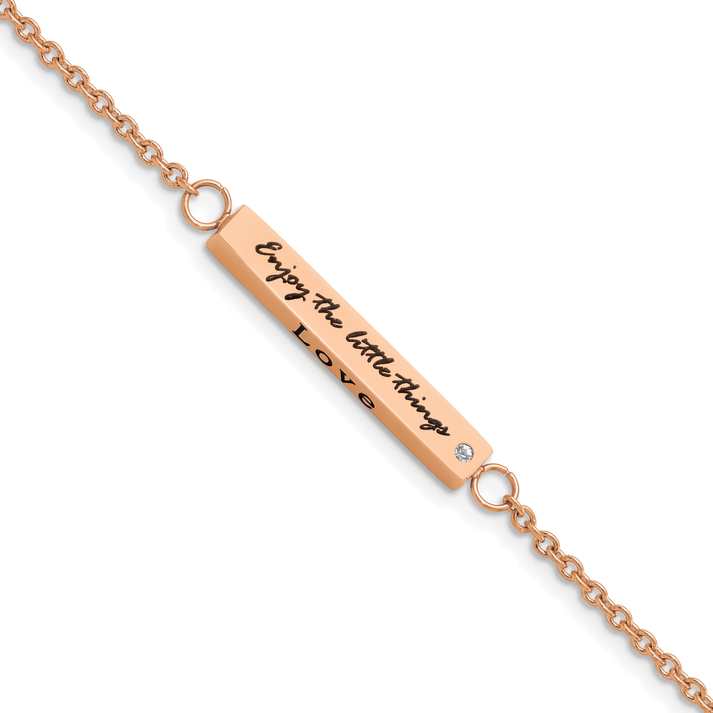 Chisel Stainless Steel Polished Rose IP-plated with CZ LOVE DREAM LAUGH Enjoy the little things 7 inch Bracelet with 1.5 inch Extension Main image