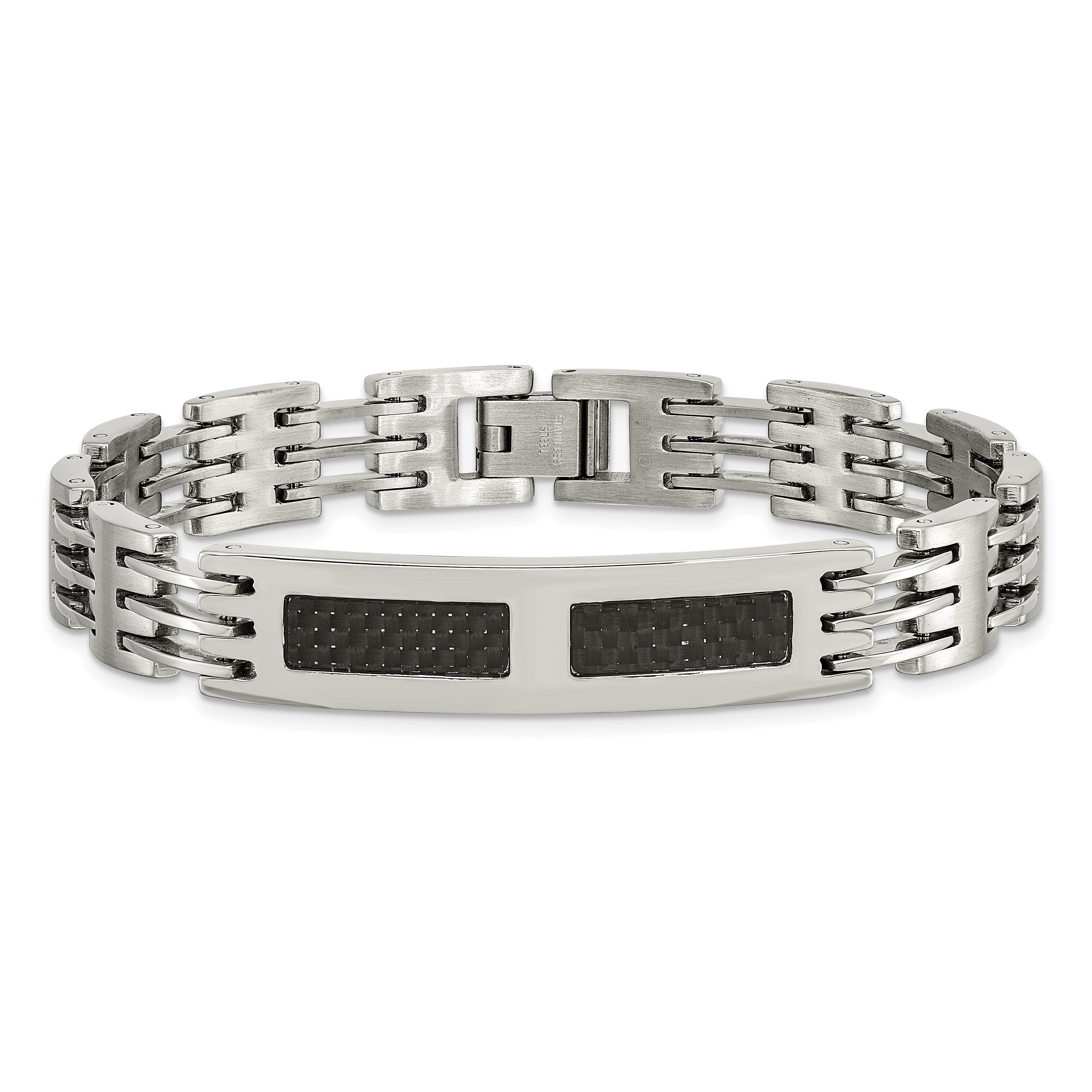 Stainless Steel Polished w/Black Carbon Fiber Inlay 8.5in ID Bracelet - 8.5