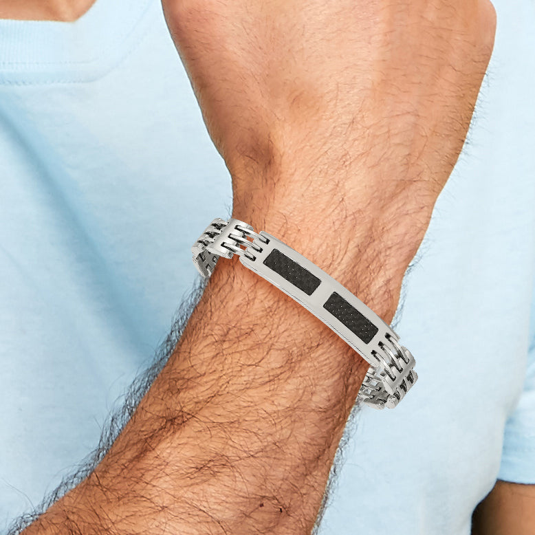 Stainless Steel Polished w/Black Carbon Fiber Inlay 8.5in ID Bracelet - 8.5