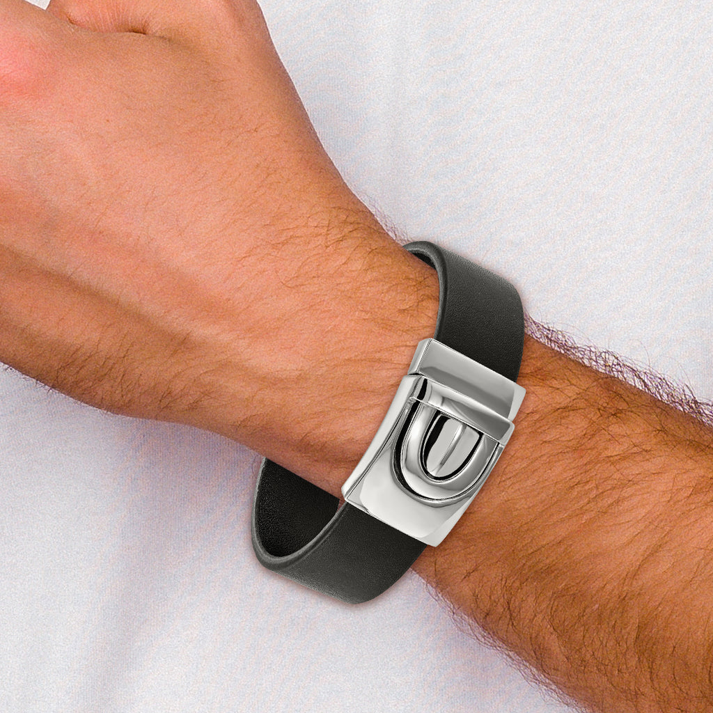 Black Leather Bracelet in Stainless Steel