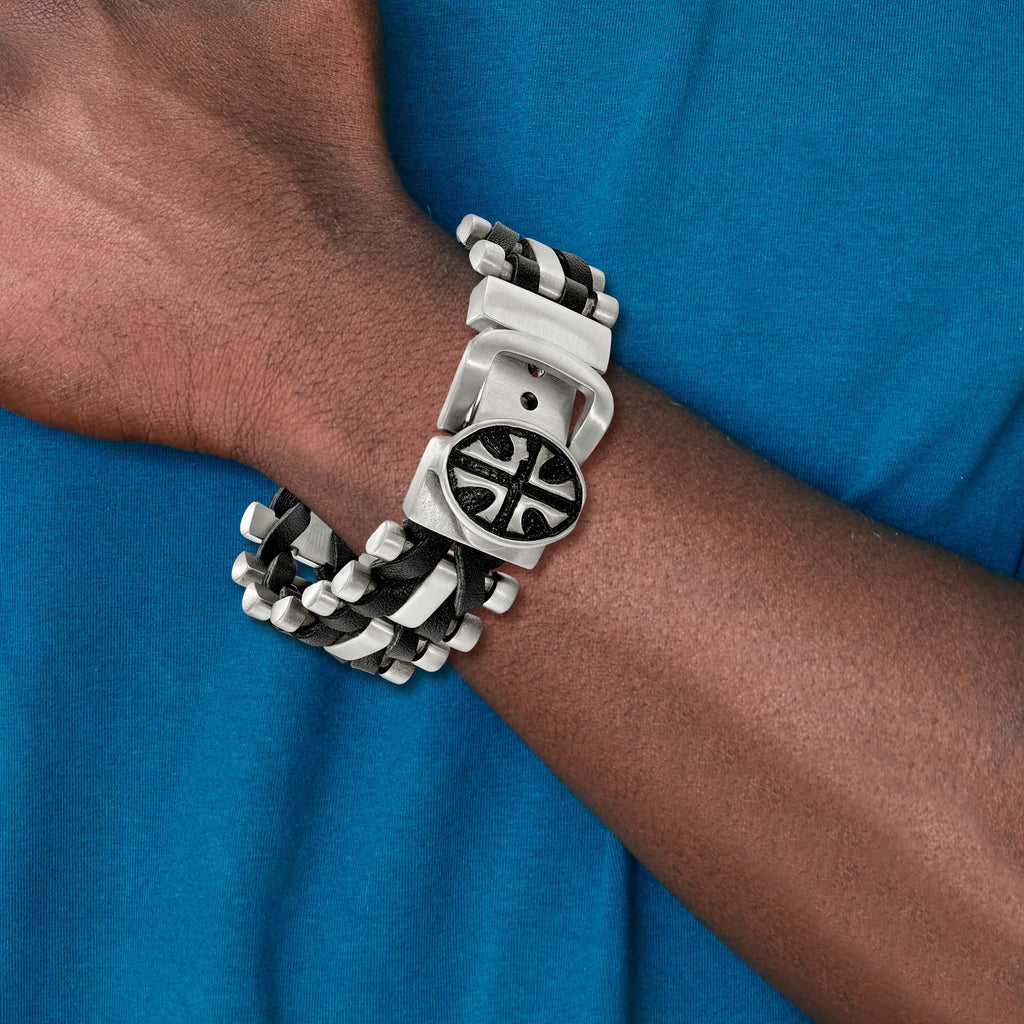 Cross Buckle Leather Bracelet in Stainless Steel