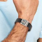 Polished Black Leather Bracelet in Stainless Steel