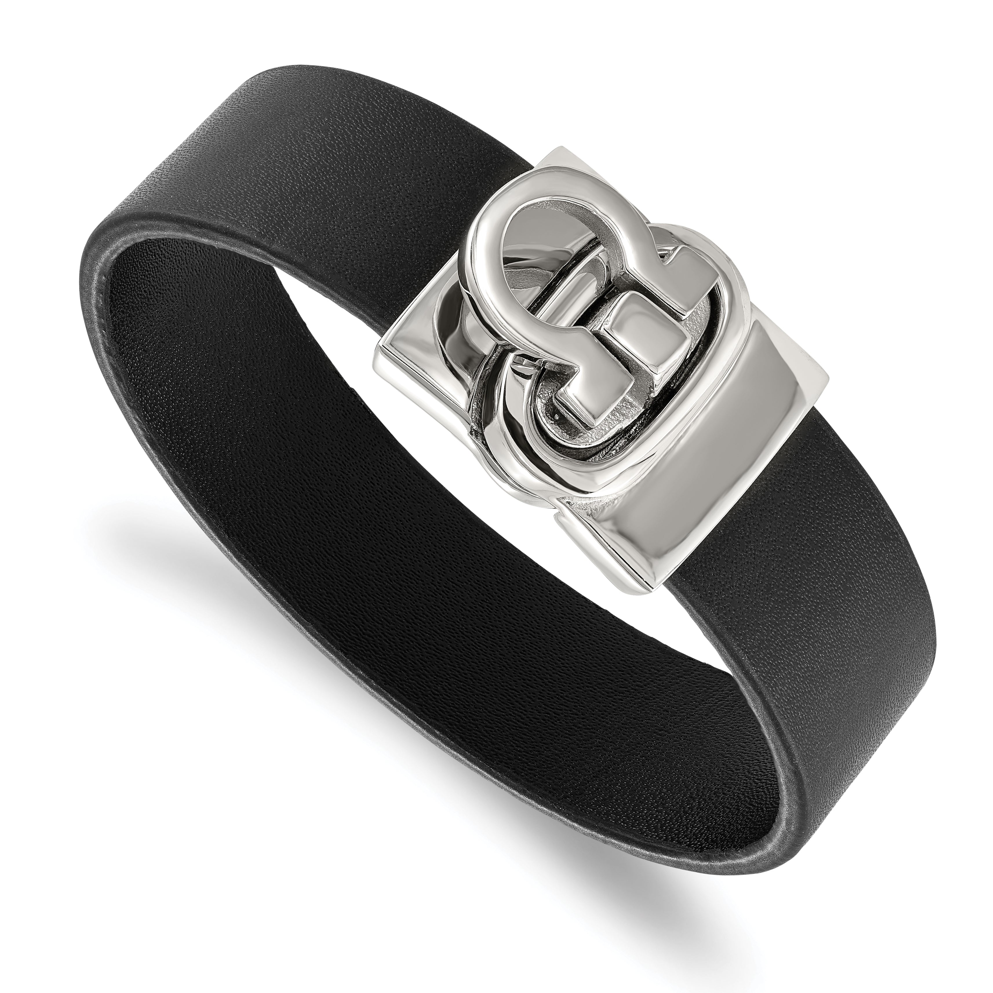 Stainless Steel Polished Black Leather 8.5in Bracelet