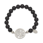 Chisel Stainless Steel Polished Tree of Life 8mm Black Agate Beaded Stretch Bracelet