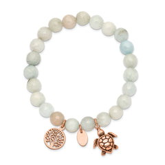 Chisel Stainless Steel Antiqued and Polished Rose IP-plated 8mm Blue/Grey Dyed Jade Beaded Stretch Bracelet