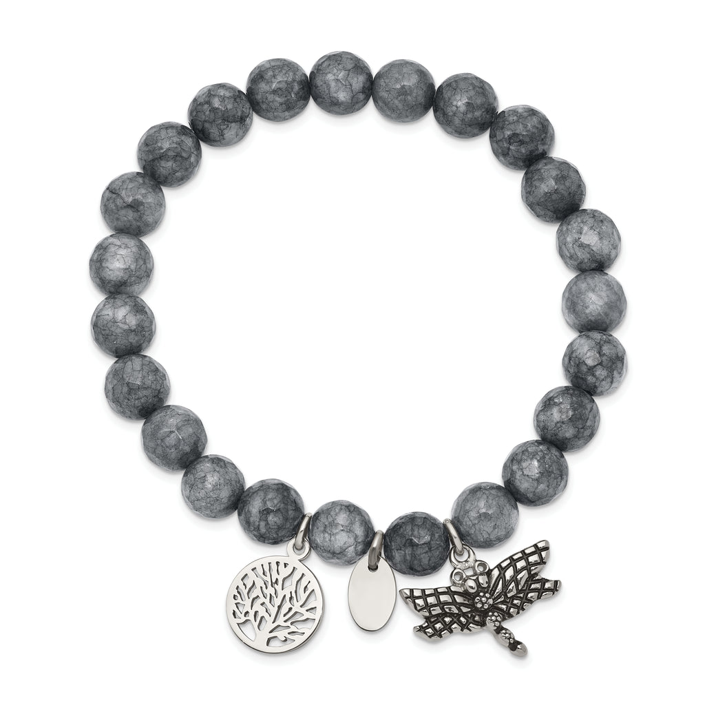 Chisel Stainless Steel Antiqued and Polished Dragonfly and Tree of Life 8mm Grey Dyed Jade Beaded Stretch Bracelet