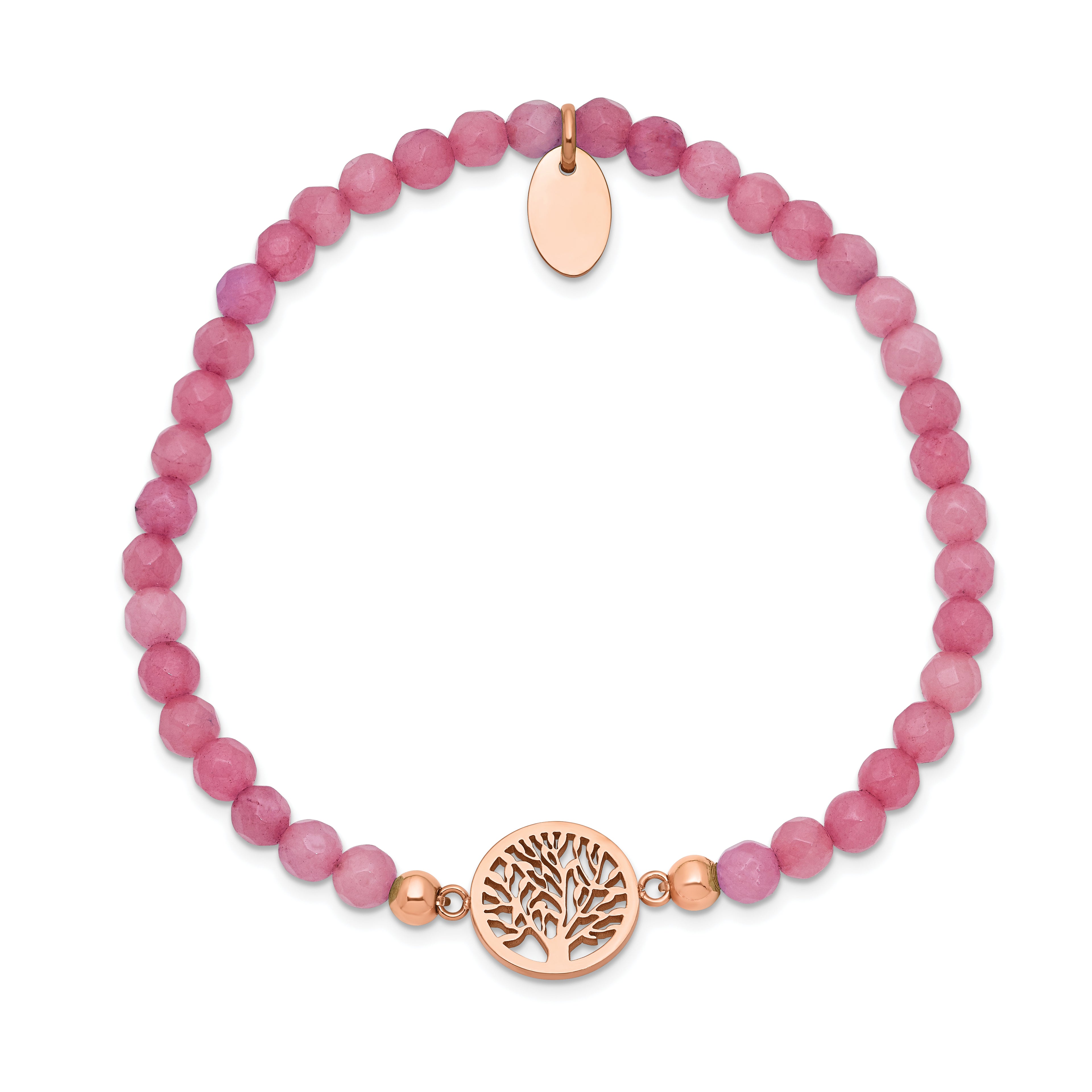 Chisel Stainless Steel Polished Rose IP-plated Tree of Life 4mm Red Jade Beaded Stretch Bracelet