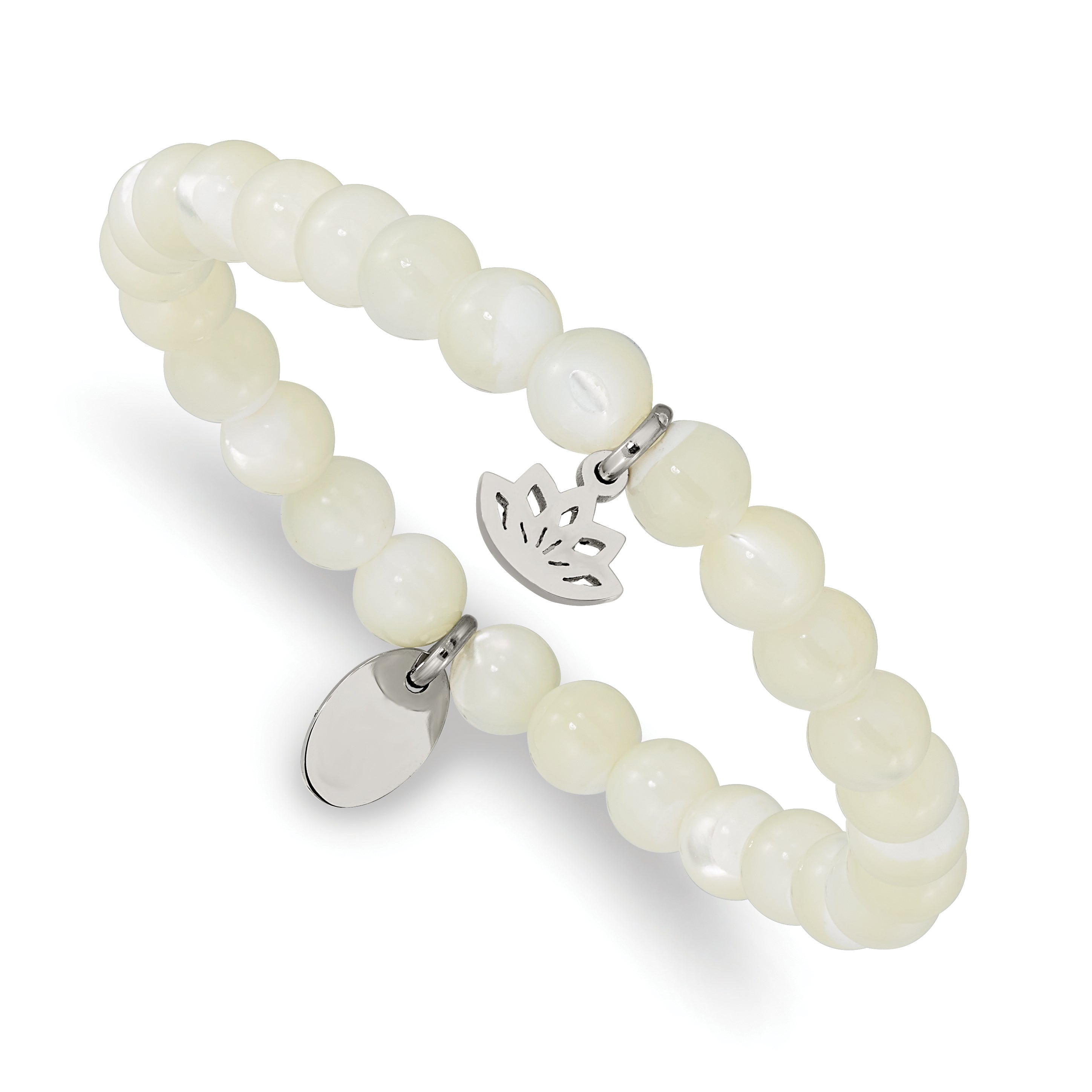 Chisel Stainless Steel Polished Lotus 6mm Mother of Pearl Beaded Stretch Bracelet Main image