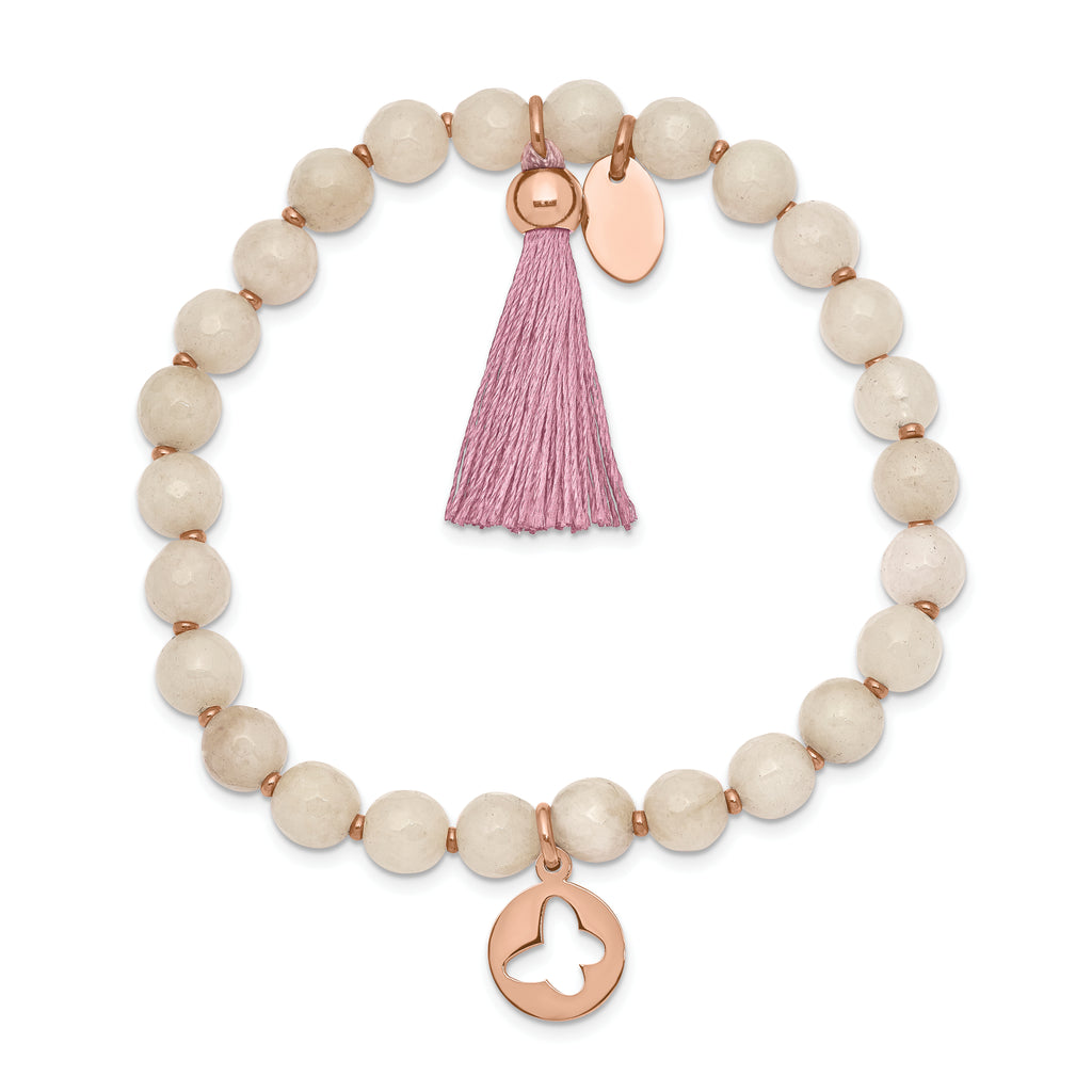 Chisel Stainless Steel Polished Rose IP-plated Butterfly 6mm Pink Agate Beaded Stretch Bracelet with Tassel